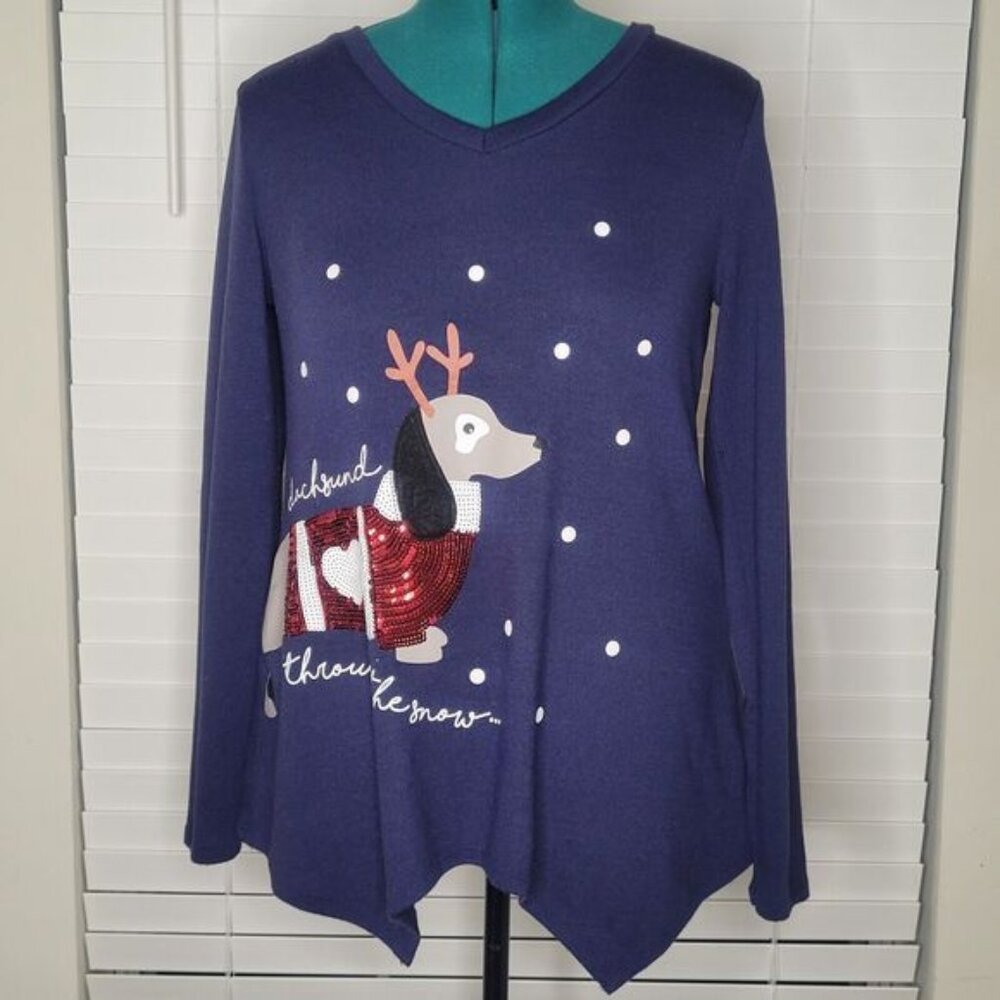 Joyland Dachshund‎ Through The Snow Cute Ugly Christmas Sharkbite Hem Dog Sequin